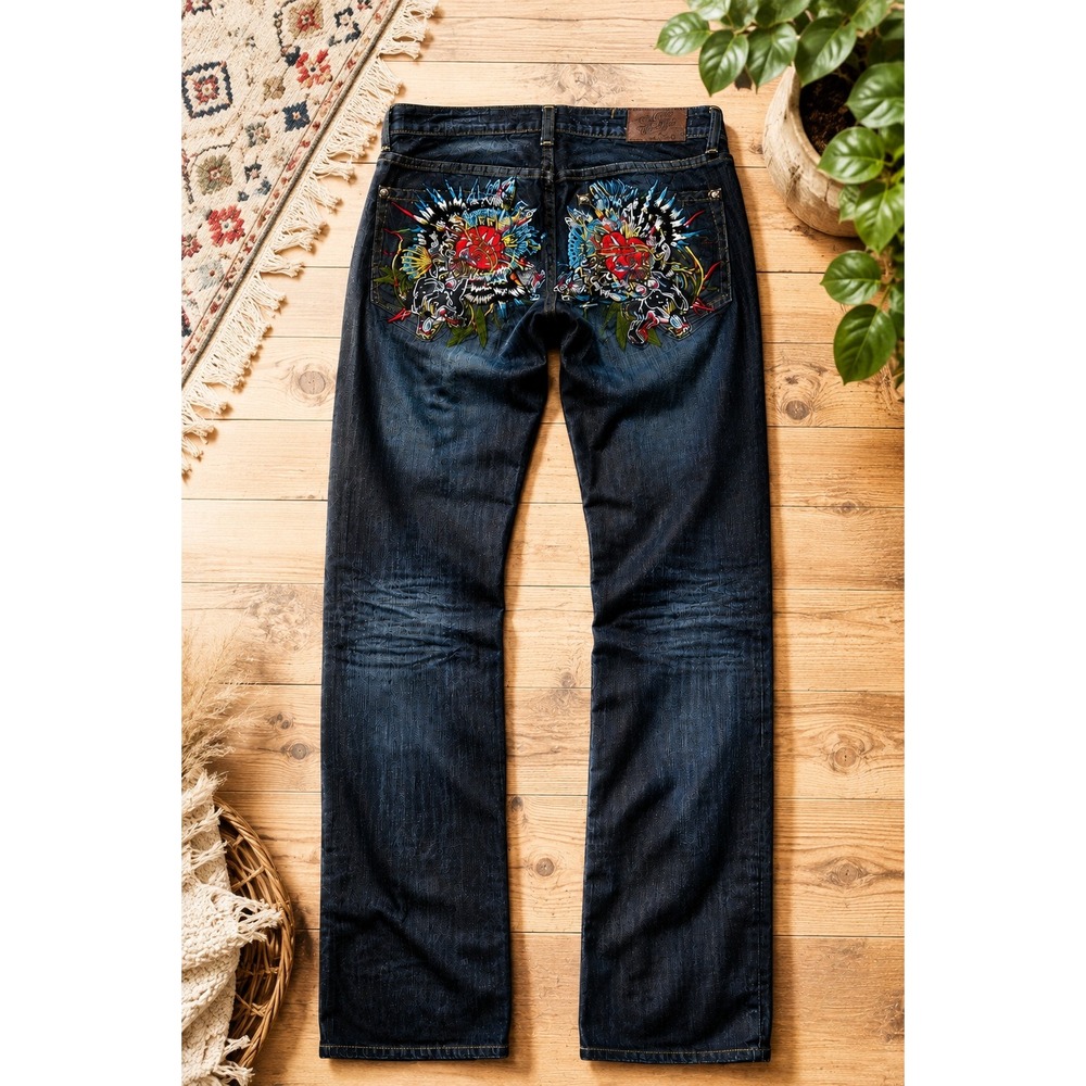 Vtg Christian Audigier Death Before Dishonor Embroidered Jeans Y2K Tattoo Art 28